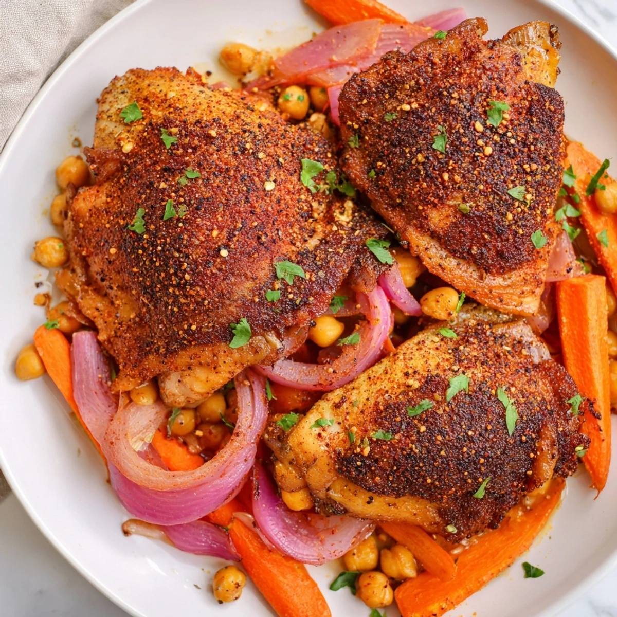 Golden sumac chicken with carrots and chickpeas roasted on a sheet pan