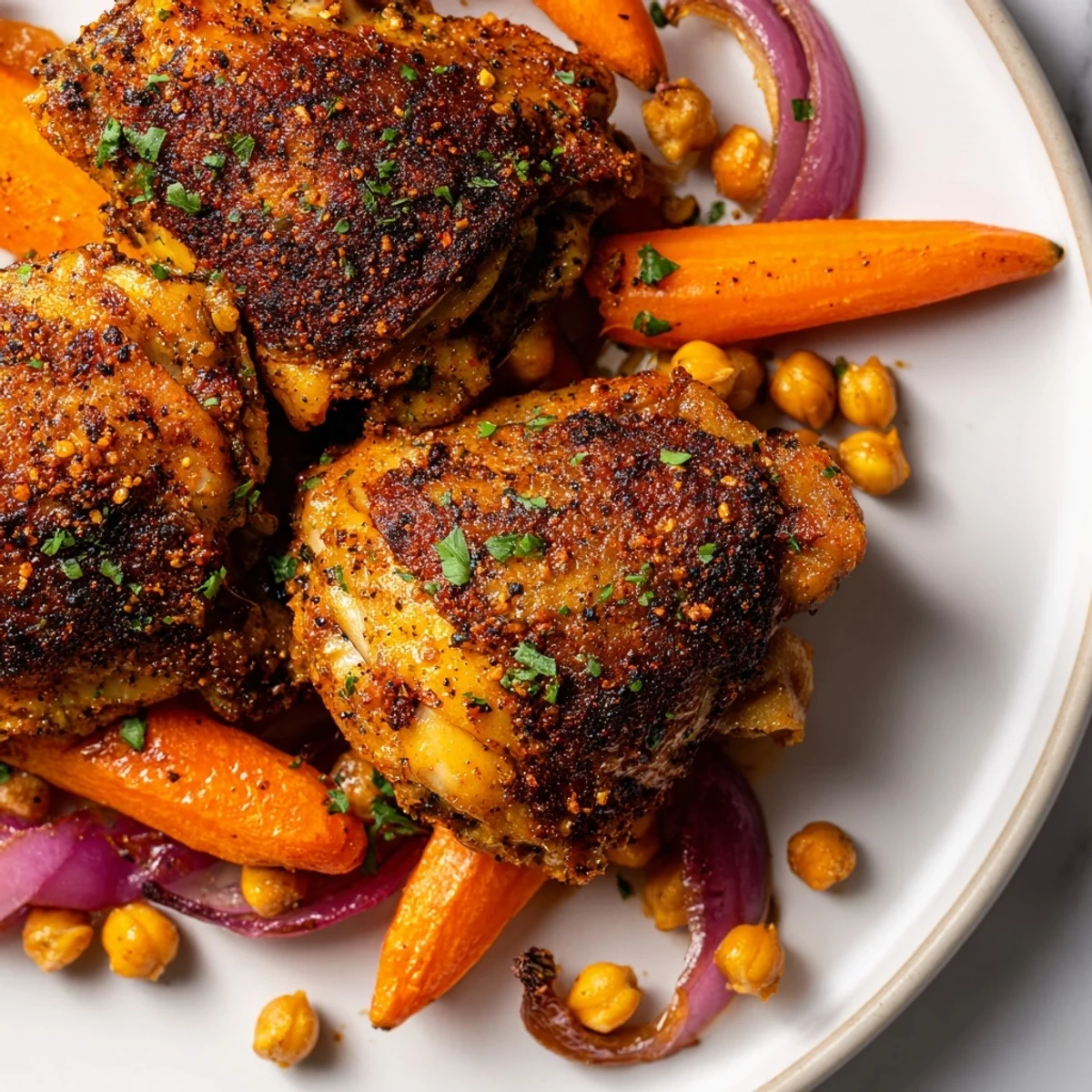 Crispy sumac chicken thighs nestled beside tender carrots and hearty chickpeas