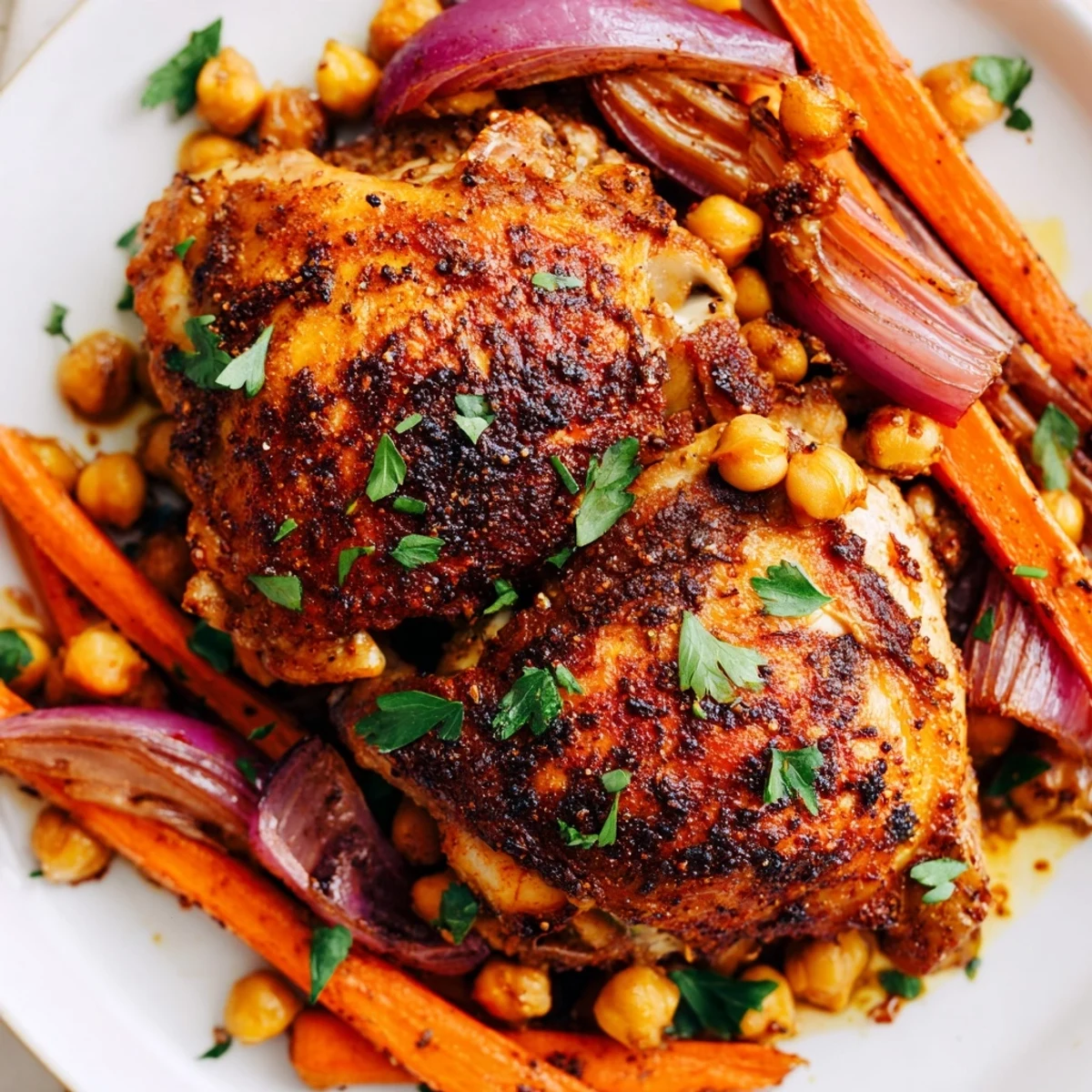 Tangy sumac chicken with caramelized carrots and chickpeas garnished with fresh parsley