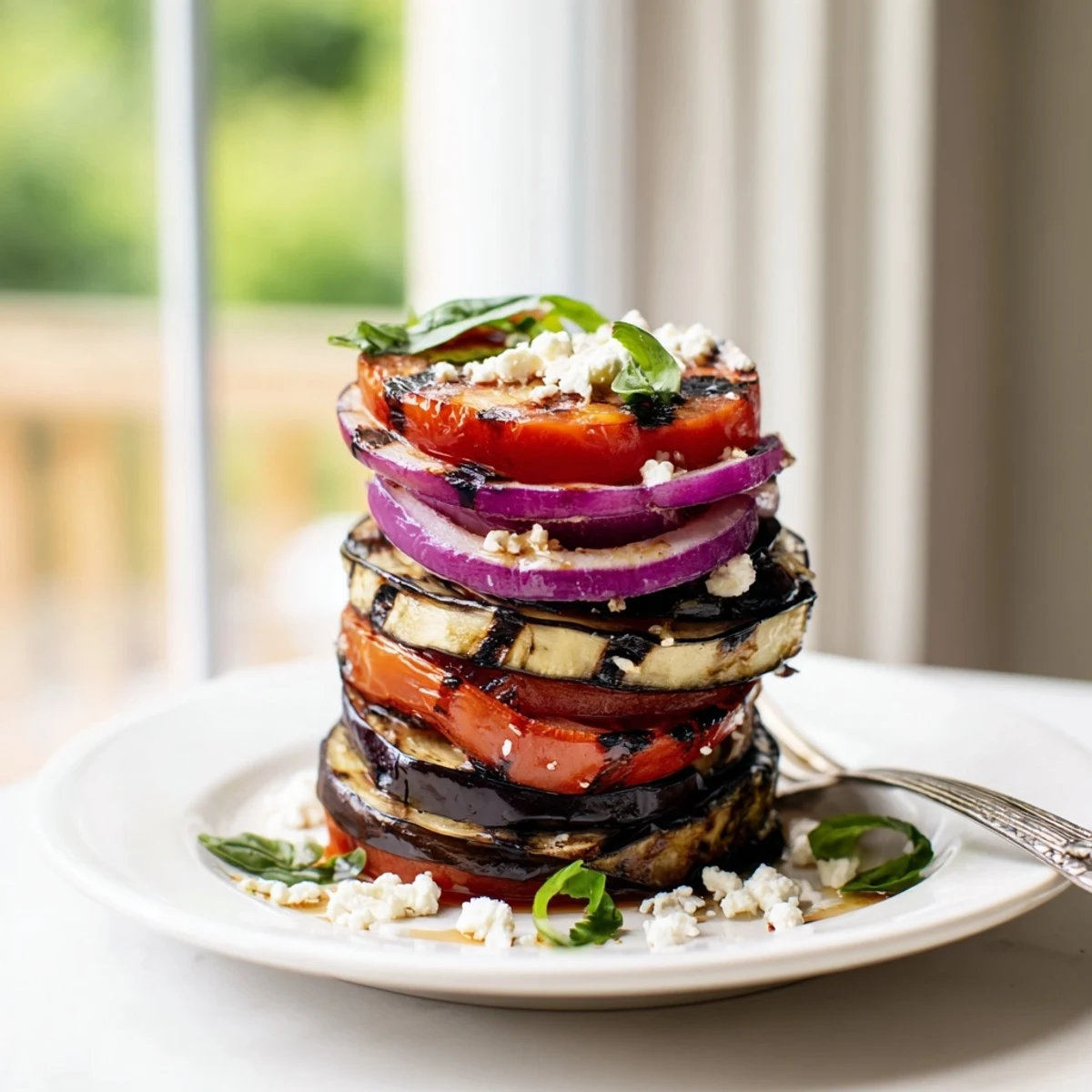 Grilled tomato eggplant slices with charred edges drizzled in balsamic marinade on a rustic plate