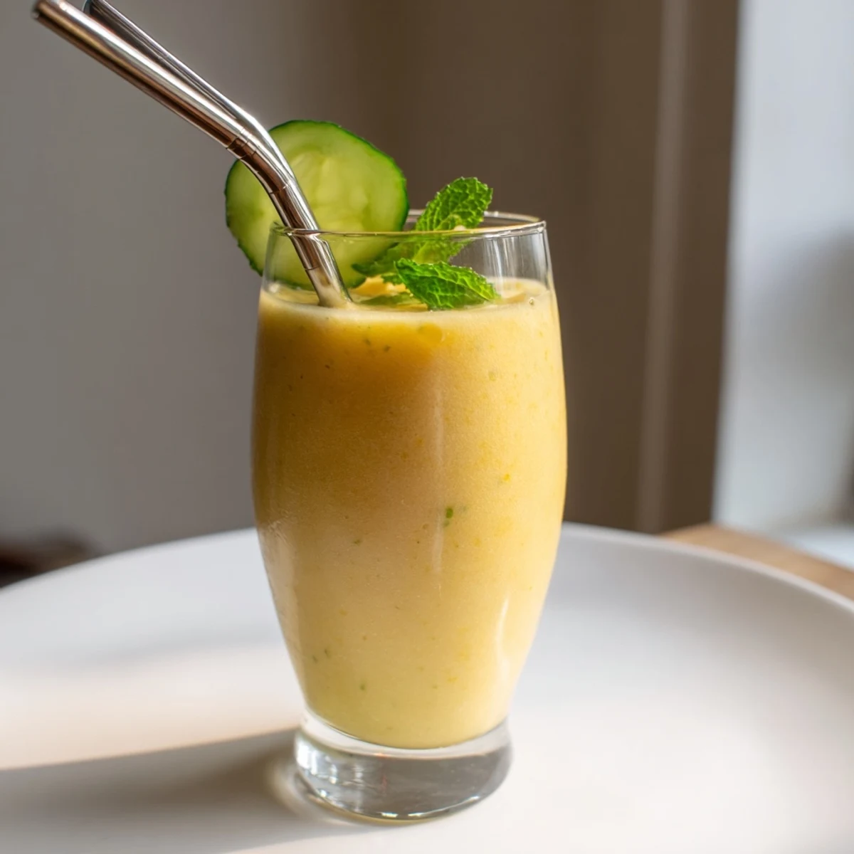 Creamy mango cucumber smoothie poured into glass jars with lime wedges