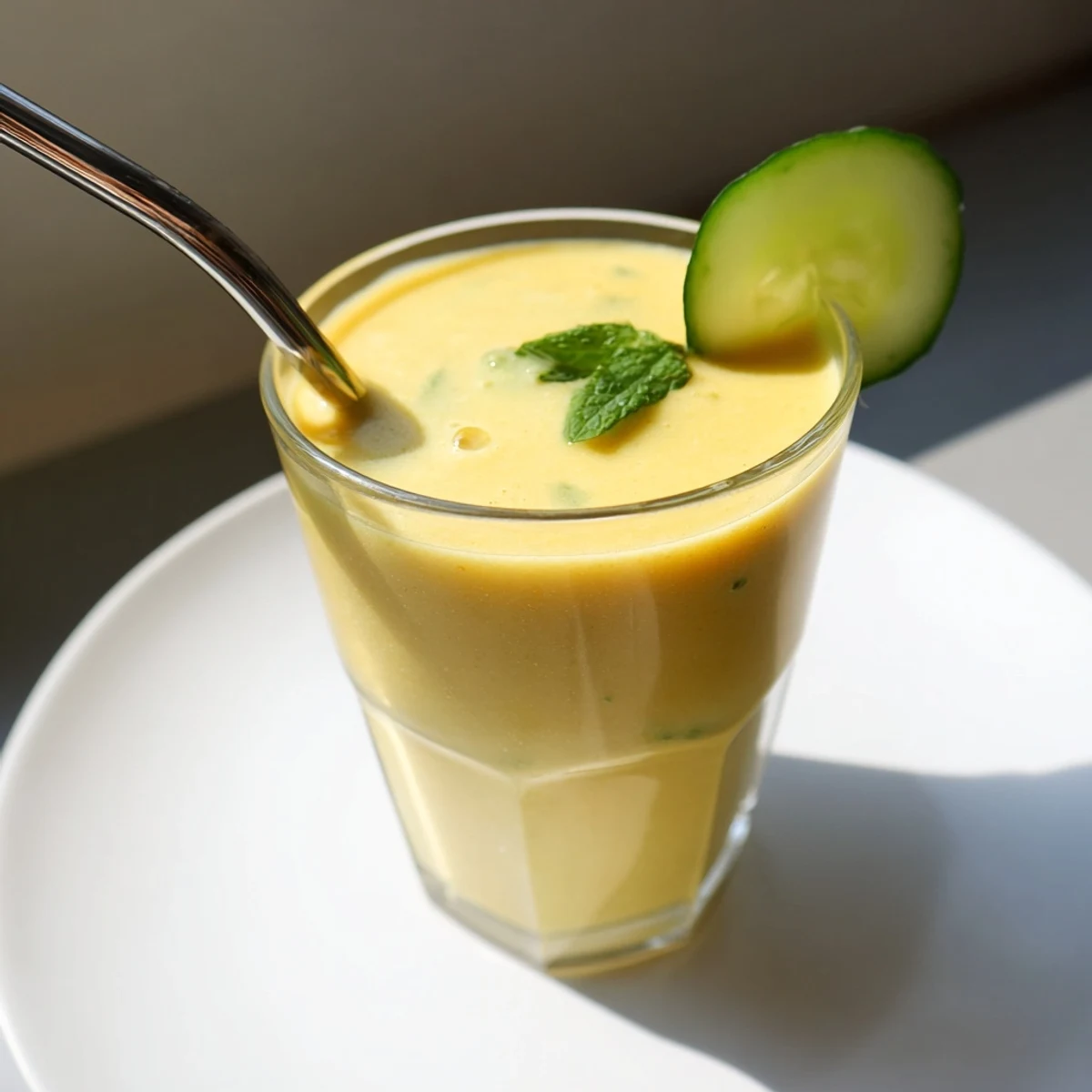 Bright green mango cucumber smoothie topped with fresh mint leaves