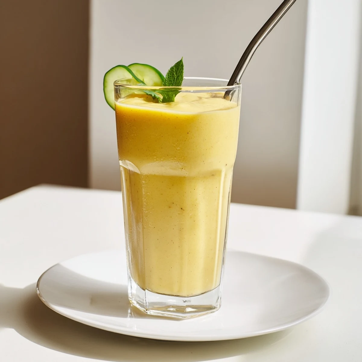 Tropical mango cucumber smoothie served chilled in tall glasses on a sunny countertop