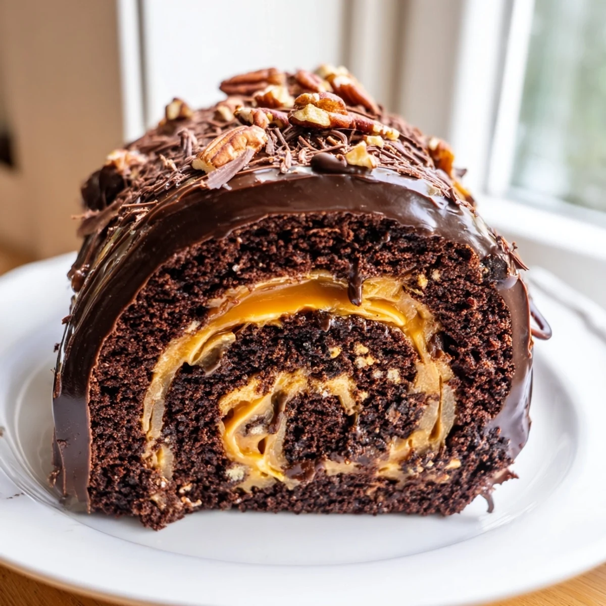 Rich chocolate turtle cake roll spiraled with gooey caramel and toasted pecans on a rustic wooden board