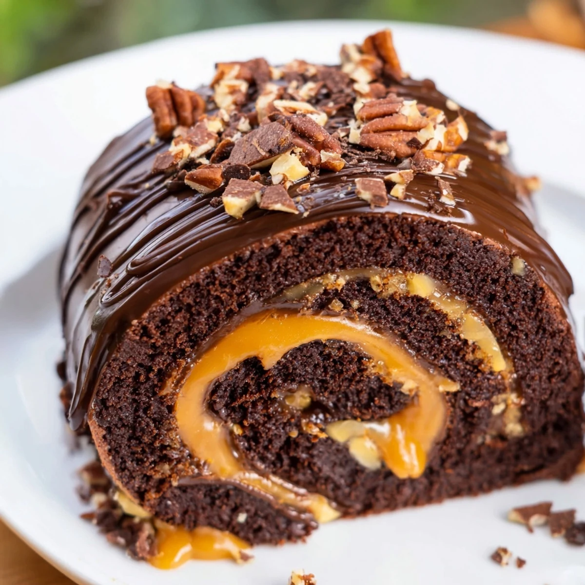 Decadent turtle cake roll dripping with glossy chocolate ganache, caramel drizzle, and crunchy chopped pecans