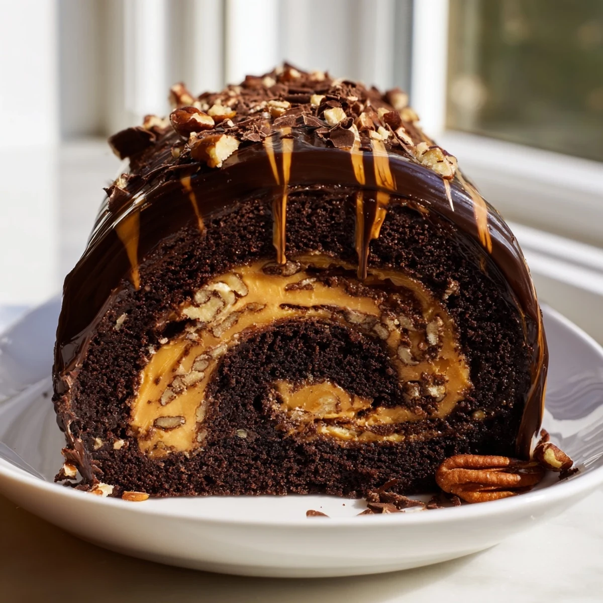 Fudgy turtle cake roll sliced to reveal a creamy caramel and pecan filled spiral dessert