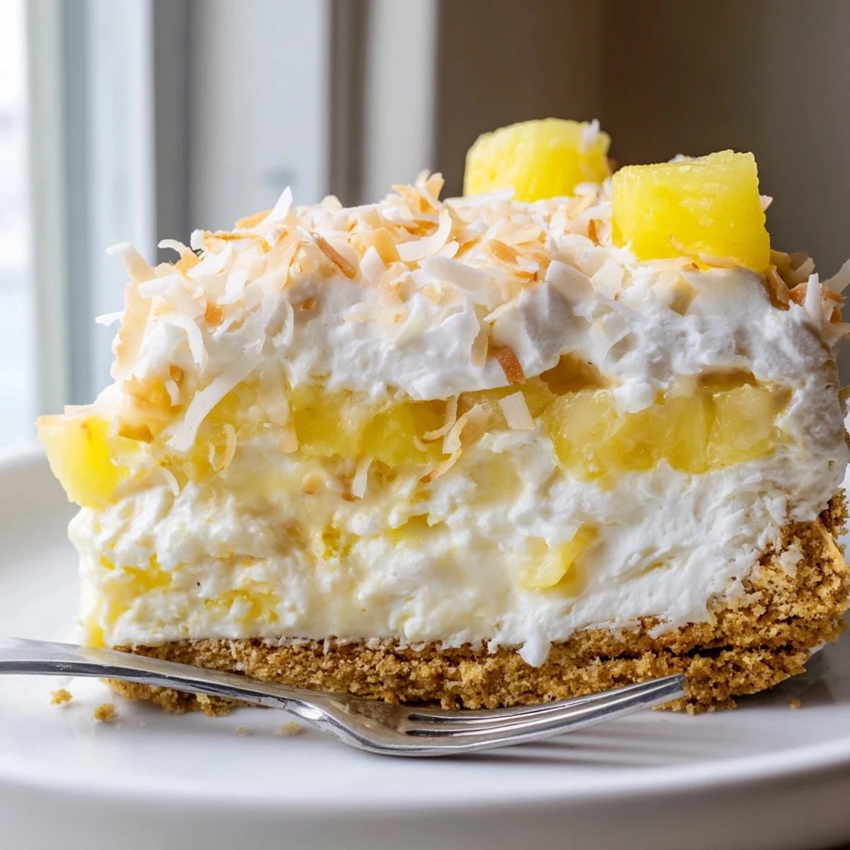 Creamy No Bake Pineapple Coconut Cream Cake sliced on a white dessert plate with toasted coconut topping