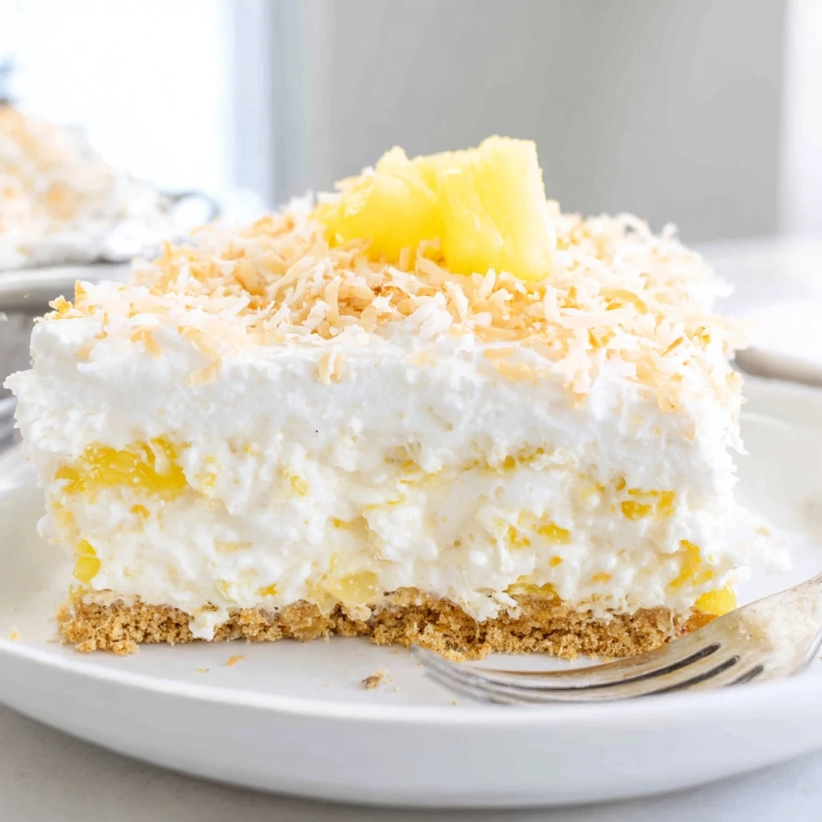 No Bake Pineapple Coconut Cream Cake garnished with fresh pineapple chunks and sprinkled shredded coconut on top
