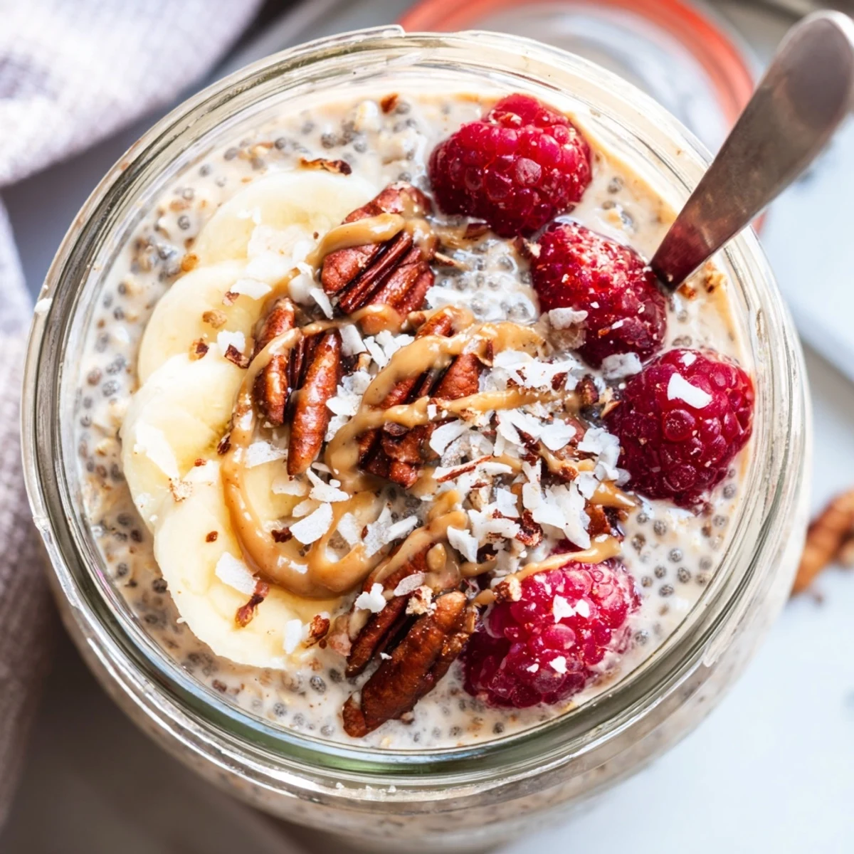 Creamy protein overnight oats topped with fresh berries and a drizzle of nut butter
