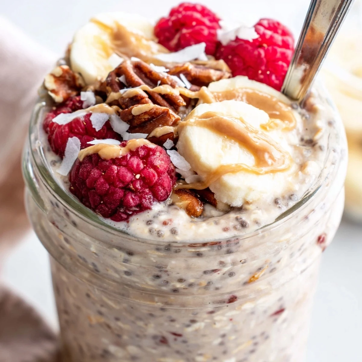 Thick protein overnight oats served in a mason jar with sliced banana and chopped nuts