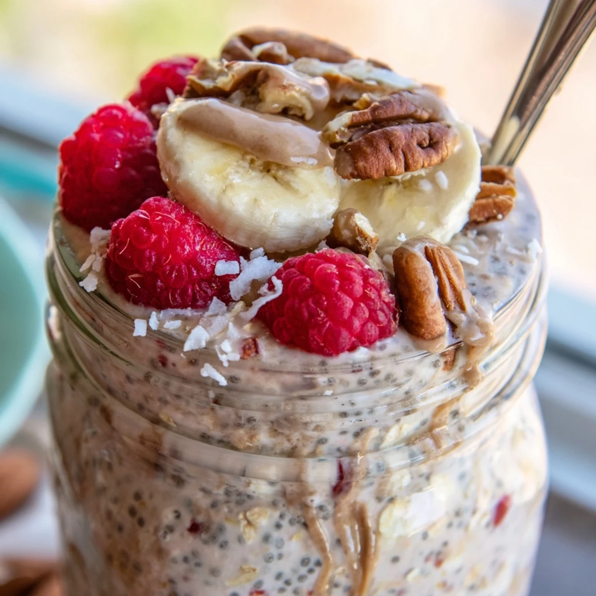 Chilled protein overnight oats layered with Greek yogurt, chia seeds, and sweet shredded coconut