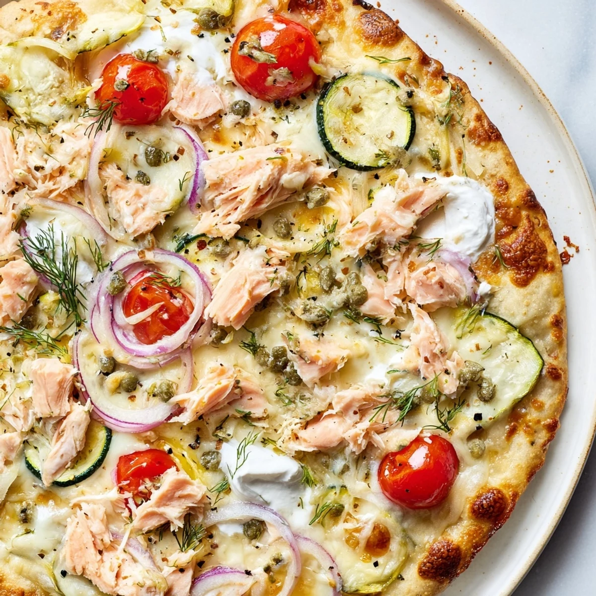 Crispy salmon tortilla pizza topped with melted cheese, red onion, and fresh dill