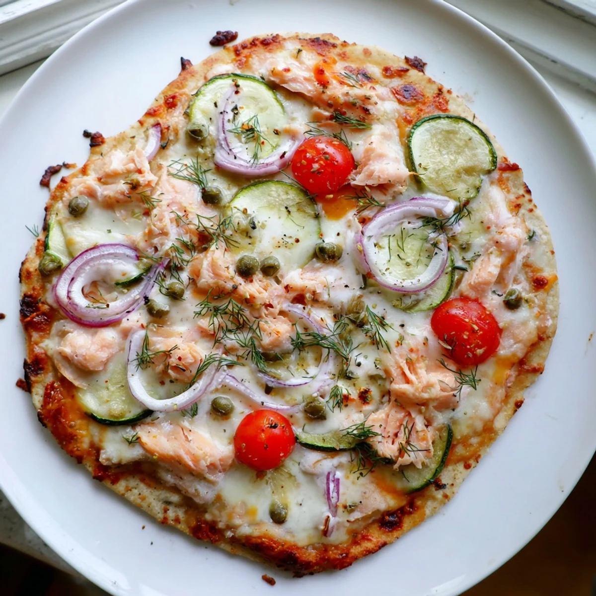 Golden baked salmon tortilla pizza with bubbling mozzarella, capers, and cherry tomatoes