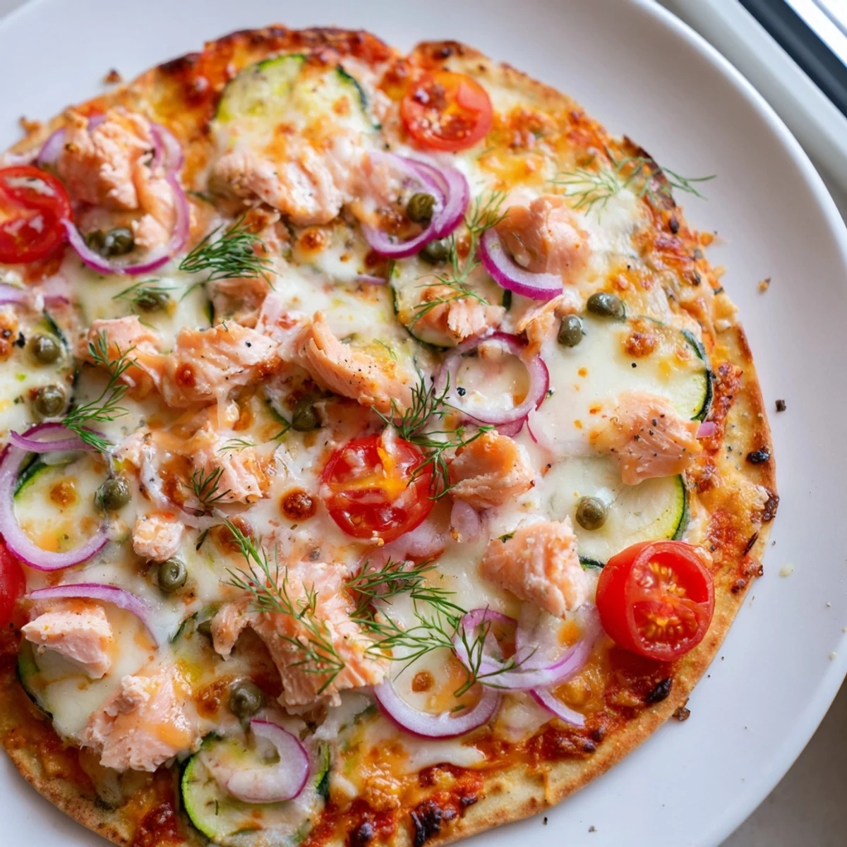 Easy salmon tortilla pizza fresh from the oven with vibrant veggie toppings