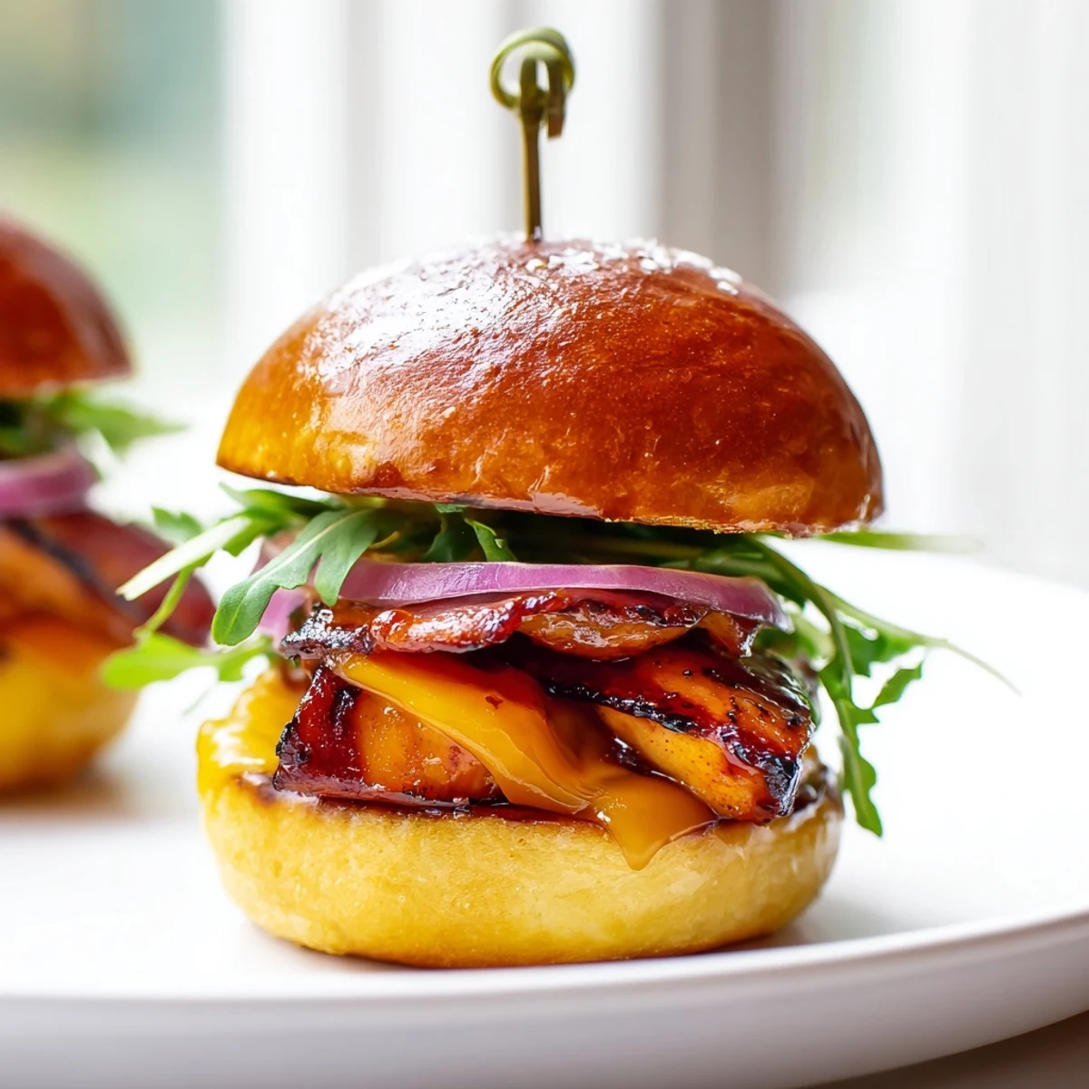 Golden maple chicken bacon sliders with melty cheese on toasted brioche buns