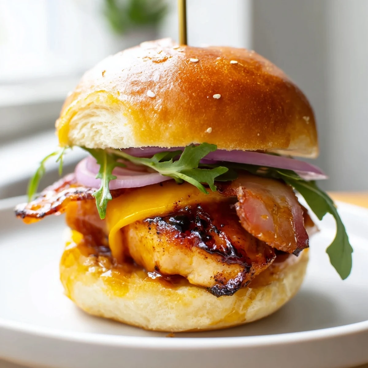 Juicy maple chicken bacon sliders stacked with arugula on buttery mini buns