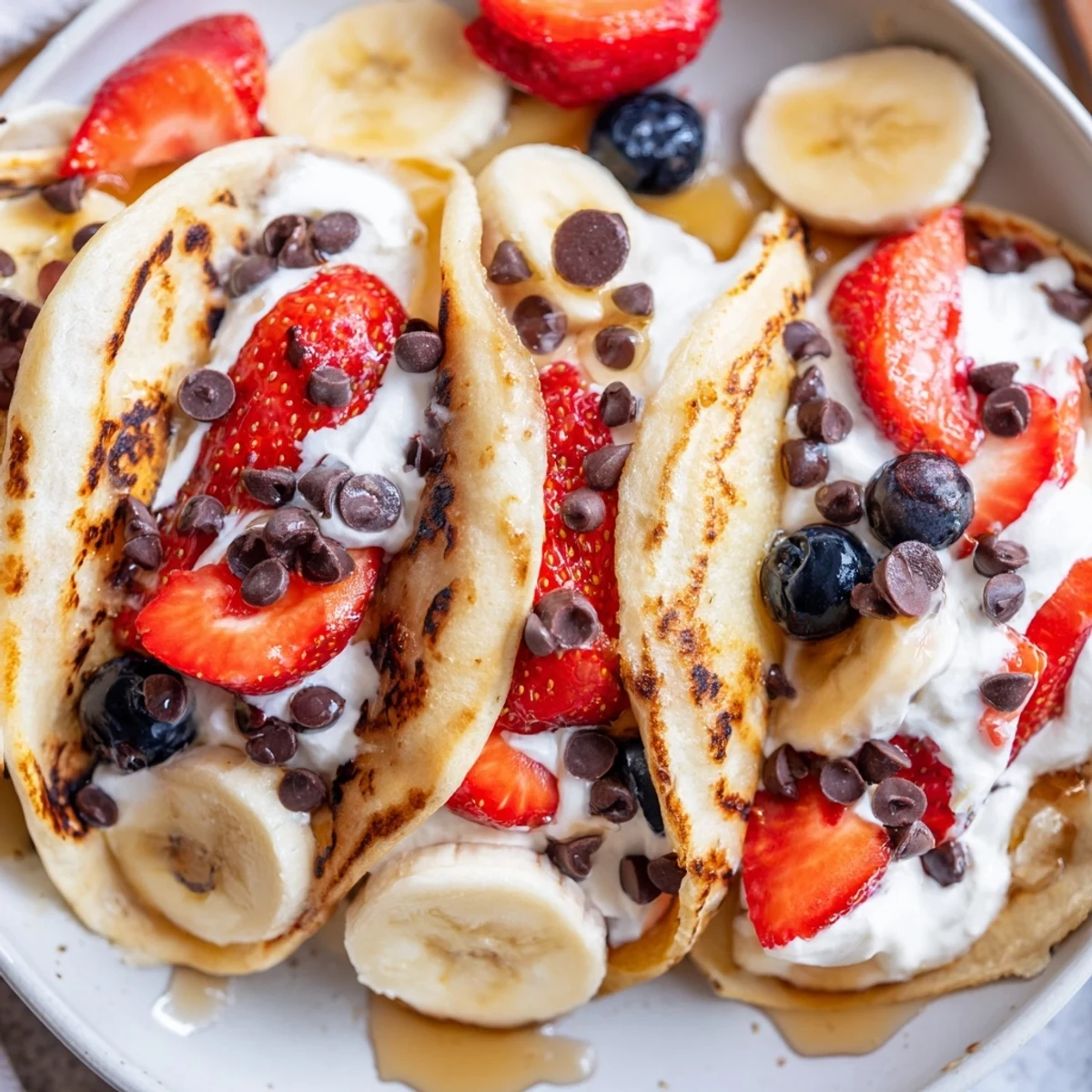 Golden pancake tacos piled with fresh berries and drizzled maple syrup on a plate