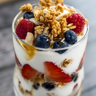 Greek yogurt parfait layered with sweet honey, ripe strawberries, and golden granola topping