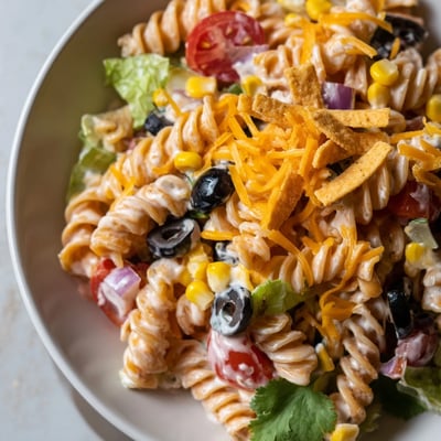 Creamy taco pasta salad topped with crushed tortilla chips and melted cheddar cheese