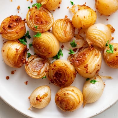 Tender air fried pearl onions glistening with olive oil on a white plate