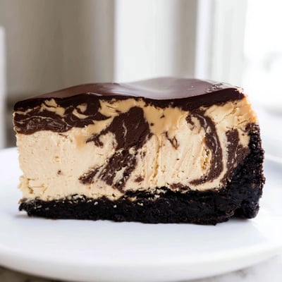Tall chocolate peanut butter cheesecake with a swirl filling and cookie crust
