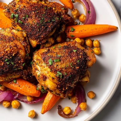 Crispy sumac chicken thighs nestled beside tender carrots and hearty chickpeas
