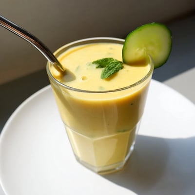 Bright green mango cucumber smoothie topped with fresh mint leaves