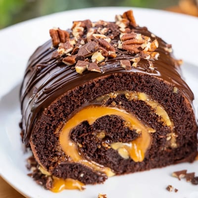 Decadent turtle cake roll dripping with glossy chocolate ganache, caramel drizzle, and crunchy chopped pecans