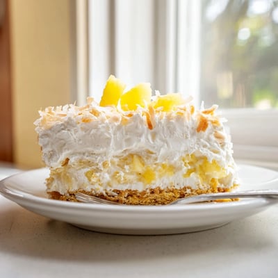 Chilled No Bake Pineapple Coconut Cream Cake showing layers of fluffy pineapple filling and golden graham crust