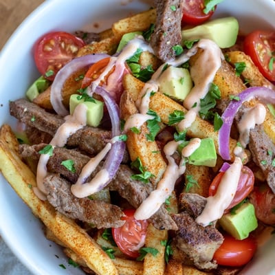 Steak strips and crispy fries bowl drizzled with tangy mustard sauce and fresh vegetables