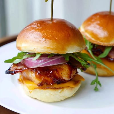 Crispy bacon and caramelized maple chicken sliders topped with melted cheddar cheese